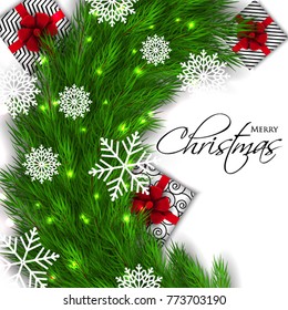 Merry Christmas Party invitation vector with fir pine wreath snowflake gift box red bow