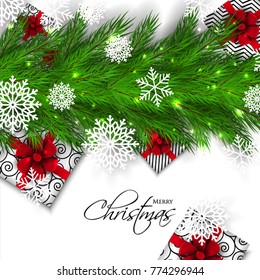 Merry Christmas Party invitation vector with fir pine wreath snowflake gift box red bow