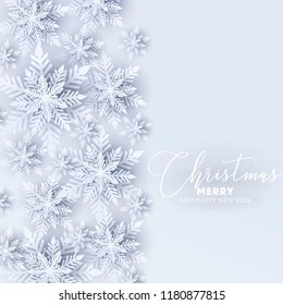 Merry Christmas Party invitation. White Origami Paper cut snow flake. Happy New Year Decoration. Winter snowflakes background. Seasonal holidays. Snowfall. Origami. Gray background. Vector
