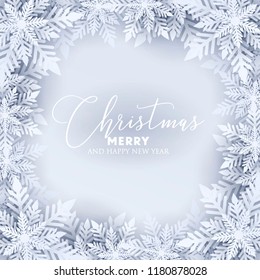 Merry Christmas Party invitation. White Origami Paper cut snow flake. Happy New Year Decoration. Winter snowflakes background. Seasonal holidays. Snowfall. Origami. Gray background. Vector
