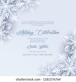 Merry Christmas Party invitation. White Origami Paper cut snow flake. Happy New Year Decoration. Winter snowflakes background. Seasonal holidays. Snowfall. Origami. Gray background. Vector