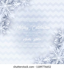 Merry Christmas Party invitation. White Origami Paper cut snow flake. Happy New Year Decoration. Winter snowflakes background. Seasonal holidays. Snowfall. Origami. Gray background. Vector