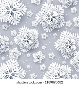 Merry Christmas Party invitation. White Origami Paper cut snow flake. Happy New Year Decoration. Winter snowflakes background. Seasonal holidays. Snowfall. Origami. Gray background. Vector