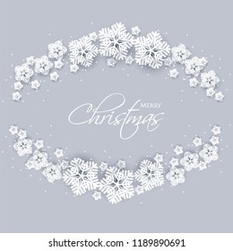 Merry Christmas Party invitation. White Origami Paper cut snow flake. Happy New Year Decoration. Winter snowflakes background. Seasonal holidays. Snowfall. Origami. Gray background. Vector