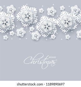 Merry Christmas Party invitation. White Origami Paper cut snow flake. Happy New Year Decoration. Winter snowflakes background. Seasonal holidays. Snowfall. Origami. Gray background. Vector