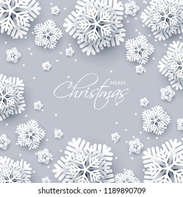 Merry Christmas Party invitation. White Origami Paper cut snow flake. Happy New Year Decoration. Winter snowflakes background. Seasonal holidays. Snowfall. Origami. Gray background. Vector