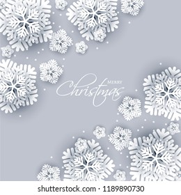 Merry Christmas Party invitation. White Origami Paper cut snow flake. Happy New Year Decoration. Winter snowflakes background. Seasonal holidays. Snowfall. Origami. Gray background. Vector