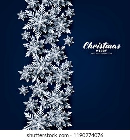 Merry Christmas Party invitation. White Origami Paper cut snow flake. Happy New Year Decoration. Winter snowflakes background. Seasonal holidays. Snowfall. Origami. Blue background. Vector