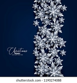 Merry Christmas Party invitation. White Origami Paper cut snow flake. Happy New Year Decoration. Winter snowflakes background. Seasonal holidays. Snowfall. Origami. Blue background. Vector
