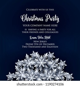 Merry Christmas Party invitation. White Origami Paper cut snow flake. Happy New Year Decoration. Winter snowflakes background. Seasonal holidays. Snowfall. Origami. Blue background. Vector