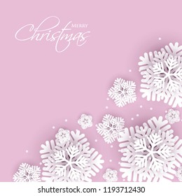 Merry Christmas Party invitation. White Origami Paper cut snow flake. Happy New Year Decoration. Winter snowflakes background. Seasonal holidays. Snowfall. Origami. Pink background. Vector 3D