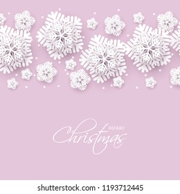 Merry Christmas Party invitation. White Origami Paper cut snow flake. Happy New Year Decoration. Winter snowflakes background. Seasonal holidays. Snowfall. Origami. Pink background. Vector 3D