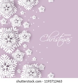 Merry Christmas Party invitation. White Origami Paper cut snow flake. Happy New Year Decoration. Winter snowflakes background. Seasonal holidays. Snowfall. Origami. Pink background. Vector 3D