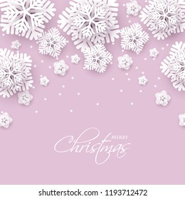 Merry Christmas Party invitation. White Origami Paper cut snow flake. Happy New Year Decoration. Winter snowflakes background. Seasonal holidays. Snowfall. Origami. Pink background. Vector 3D