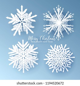 Merry Christmas Party invitation. White Origami Paper cut snow flake. Happy New Year Decoration. Winter snowflakes background. Seasonal holidays. Snowfall. Origami. Blue background. Vector