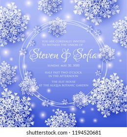 Merry Christmas Party invitation. White Origami Paper cut snow flake. Happy New Year Decoration. Winter snowflakes background. Seasonal holidays. Snowfall. Origami. Blue background. Vector