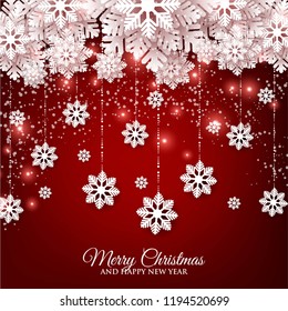 Merry Christmas Party invitation. White Origami Paper cut snow flake. Happy New Year Decoration. Winter snowflakes background. Seasonal holidays. Snowfall. Origami. Blue background. Vector