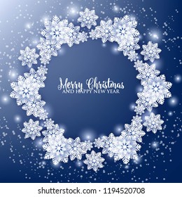 Merry Christmas Party invitation. White Origami Paper cut snow flake. Happy New Year Decoration. Winter snowflakes background. Seasonal holidays. Snowfall. Origami. Blue background. Vector