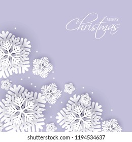 Merry Christmas Party invitation. White Origami Paper cut snowflake. Happy New Year Decoration. Winter snowflakes background. Seasonal holidays. Snowfall. Origami. Violet  background. Vector 3D