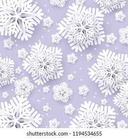 Merry Christmas Party invitation. White Origami Paper cut snowflake. Happy New Year Decoration. Winter snowflakes background. Seasonal holidays. Snowfall. Origami. Violet  background. Vector 3D