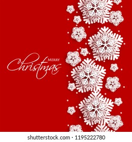 Merry Christmas Party invitation. White Origami Paper cut snowflake. Happy New Year Decoration. Winter snowflakes background. Seasonal holidays. Snowfall. Origami. Red background. Vector 3D