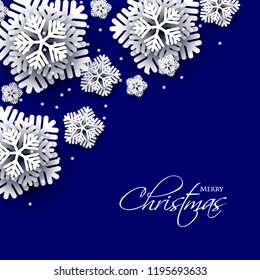 Merry Christmas Party invitation. White Origami Paper cut snowflake. Happy New Year Decoration. Winter snowflakes background. Seasonal holidays. Snowfall. Origami. Blue background. Vector 3D
