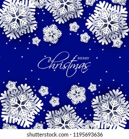 Merry Christmas Party invitation. White Origami Paper cut snowflake. Happy New Year Decoration. Winter snowflakes background. Seasonal holidays. Snowfall. Origami. Blue background. Vector 3D
