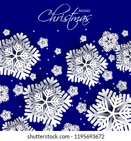 Merry Christmas Party invitation. White Origami Paper cut snowflake. Happy New Year Decoration. Winter snowflakes background. Seasonal holidays. Snowfall. Origami. Blue background. Vector 3D
