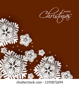 Merry Christmas Party invitation. White Origami Paper cut snowflake. Happy New Year Decoration. Winter snowflakes background. Seasonal holidays. Snowfall. Origami. Brown background. Vector 3