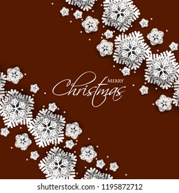Merry Christmas Party invitation. White Origami Paper cut snowflake. Happy New Year Decoration. Winter snowflakes background. Seasonal holidays. Snowfall. Origami. Brown background. Vector 3