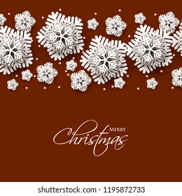 Merry Christmas Party invitation. White Origami Paper cut snowflake. Happy New Year Decoration. Winter snowflakes background. Seasonal holidays. Snowfall. Origami. Brown background. Vector 3