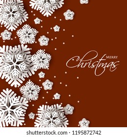 Merry Christmas Party invitation. White Origami Paper cut snowflake. Happy New Year Decoration. Winter snowflakes background. Seasonal holidays. Snowfall. Origami. Brown background. Vector 3
