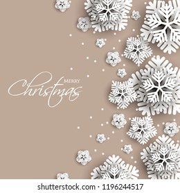 Merry Christmas Party invitation. White Origami Paper cut snowflake. Happy New Year Decoration. Winter snowflakes background. Seasonal holidays. Snowfall. Origami. Brown chocolate  background. Vector 