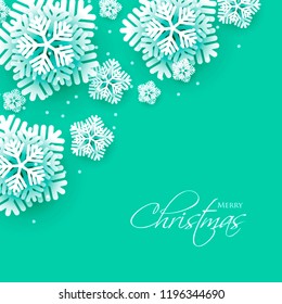 Merry Christmas Party invitation. White Origami Paper cut snowflake. Happy New Year Decoration. Winter snowflakes background. Seasonal holidays. Snowfall. Origami. turquoise blue background. Vector 3D