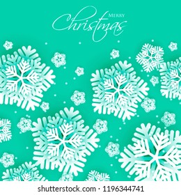 Merry Christmas Party invitation. White Origami Paper cut snowflake. Happy New Year Decoration. Winter snowflakes background. Seasonal holidays. Snowfall. Origami. turquoise blue background. Vector 3D