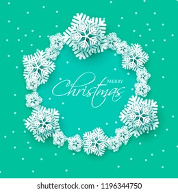 Merry Christmas Party invitation. White Origami Paper cut snowflake. Happy New Year Decoration. Winter snowflakes background. Seasonal holidays. Snowfall. Origami. turquoise blue background. Vector 3D