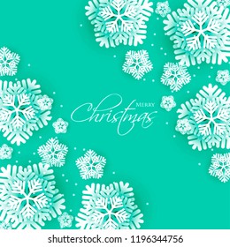 Merry Christmas Party invitation. White Origami Paper cut snowflake. Happy New Year Decoration. Winter snowflakes background. Seasonal holidays. Snowfall. Origami. turquoise blue background. Vector 3D