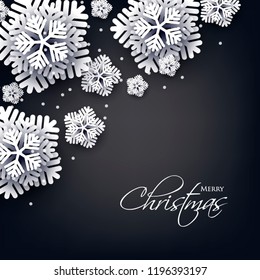 Merry Christmas Party invitation. White Origami Paper cut snowflake. Happy New Year Decoration. Winter snowflakes background. Seasonal holidays. Snowfall. Origami. Black background. Vector 3D