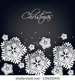 Merry Christmas Party invitation. White Origami Paper cut snowflake. Happy New Year Decoration. Winter snowflakes background. Seasonal holidays. Snowfall. Origami. Black friday background. Vector 3D