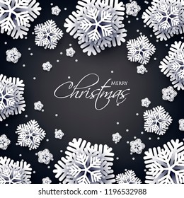 Merry Christmas Party invitation. White Origami Paper cut snowflake. Happy New Year Decoration. Winter snowflakes background. Seasonal holidays. Snowfall. Origami. Black friday background. Vector 3D