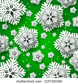 Merry Christmas Party invitation. White Origami Paper cut snowflake. Happy New Year Decoration. Winter snowflakes background. Seasonal holidays. Snowfall. Origami. Green background. Vector 3D