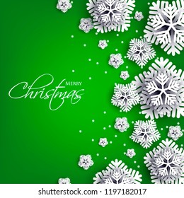 Merry Christmas Party invitation. White Origami Paper cut snowflake. Happy New Year Decoration. Winter snowflakes background. Seasonal holidays. Snowfall. Origami. Green background. Vector 3D