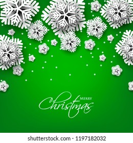 Merry Christmas Party invitation. White Origami Paper cut snowflake. Happy New Year Decoration. Winter snowflakes background. Seasonal holidays. Snowfall. Origami. Green background. Vector 3D