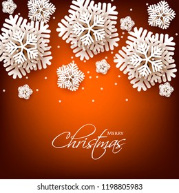 Merry Christmas Party invitation. White Origami Paper cut snowflake. Happy New Year Decoration. Winter snowflakes background. Seasonal holidays. Snowfall. Origami. Brown background. Vector 3D