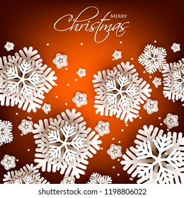 Merry Christmas Party invitation. White Origami Paper cut snowflake. Happy New Year Decoration. Winter snowflakes background. Seasonal holidays. Snowfall. Origami. Brown background. Vector 3D