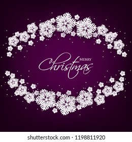 Merry Christmas Party invitation. White Origami Paper cut snowflake. Happy New Year Decoration. Winter snowflakes background. Seasonal holidays. Snowfall. Origami. Violet background. Vector 3D