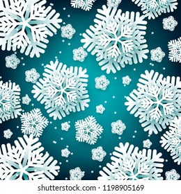 Merry Christmas Party invitation. White Origami Paper cut snowflake. Happy New Year Decoration. Winter snowflakes background. Seasonal holidays. Snowfall. Origami. Blue background. Vector 3D