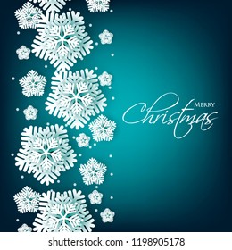Merry Christmas Party invitation. White Origami Paper cut snowflake. Happy New Year Decoration. Winter snowflakes background. Seasonal holidays. Snowfall. Origami. Blue background. Vector 3D