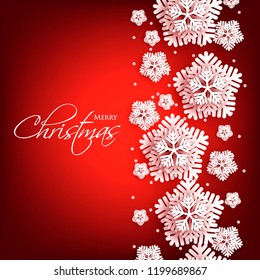Merry Christmas Party invitation. White Origami Paper cut snowflake. Happy New Year Decoration. Winter snowflakes background. Seasonal holidays. Snowfall. Origami. Red background. Vector 3D