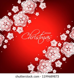 Merry Christmas Party invitation. White Origami Paper cut snowflake. Happy New Year Decoration. Winter snowflakes background. Seasonal holidays. Snowfall. Origami. Red background. Vector 3D